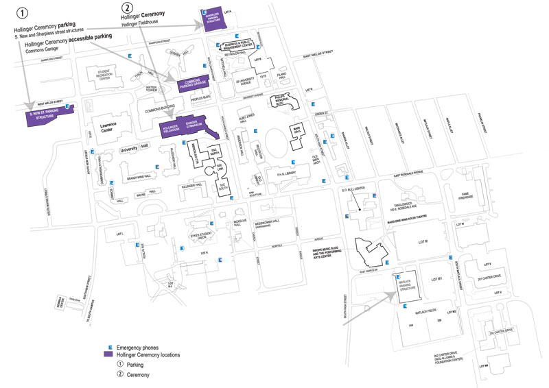 O Lot, P lot, Q Lot, Graduate Parking by South Campus Gardens, Farrell Stadium, Site for Commencement