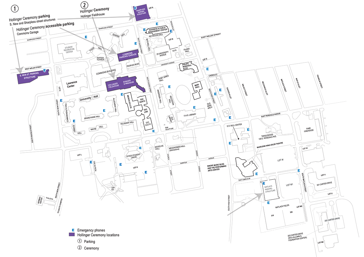 O Lot, P lot, Q Lot, Graduate Parking by South Campus Gardens, Farrell Stadium, Site for Commencement