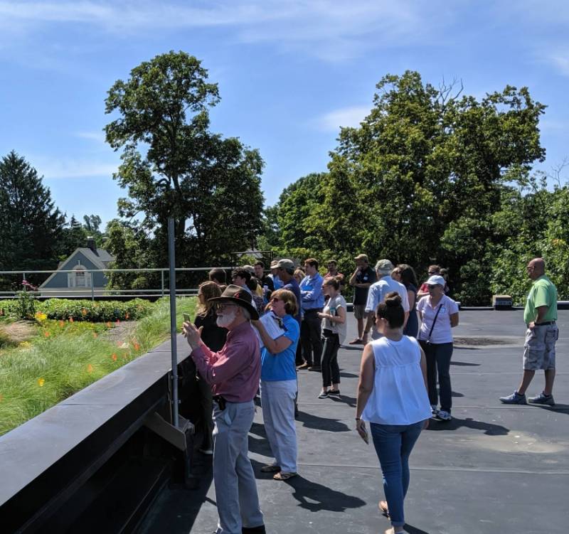 People explore the green roof on the FHG library