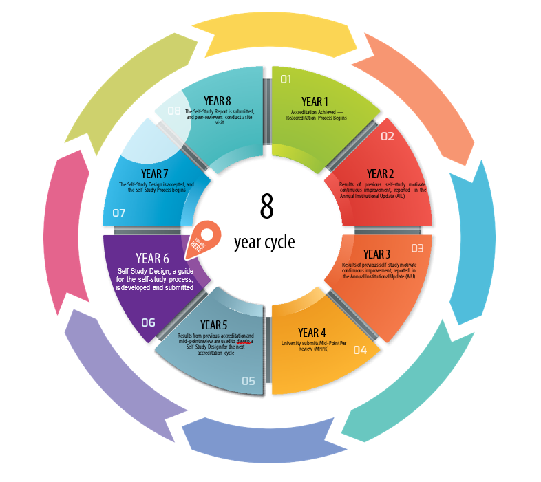 Year 8 - The self study report is submitted and peer Year 4 - Univeristy submits mid-point peer review (mppr) - Year 5 - Results from previous accreditation and mid point review are used to develop a self study design for the next accreditation cycle. - Year 6 - Self stufy design, a guidefor the self study process, is developed and submitted. - Year 7 - The self study design is accepted, and the self study process begins.reviewers conduct a site visit - year 1 - Accreditation Achieved - Reaccreditation process begins - Year 2- Results of previous self study motivate continuous improvement, reported in the annual institutional update - Year 3 - Results of previous self study motivate continuous improvement, reported in the annual institutional update. - 