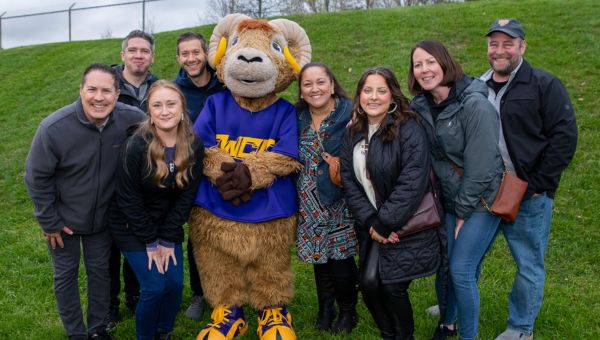 Faculty and Staff with Rammy at Alumni Weekend