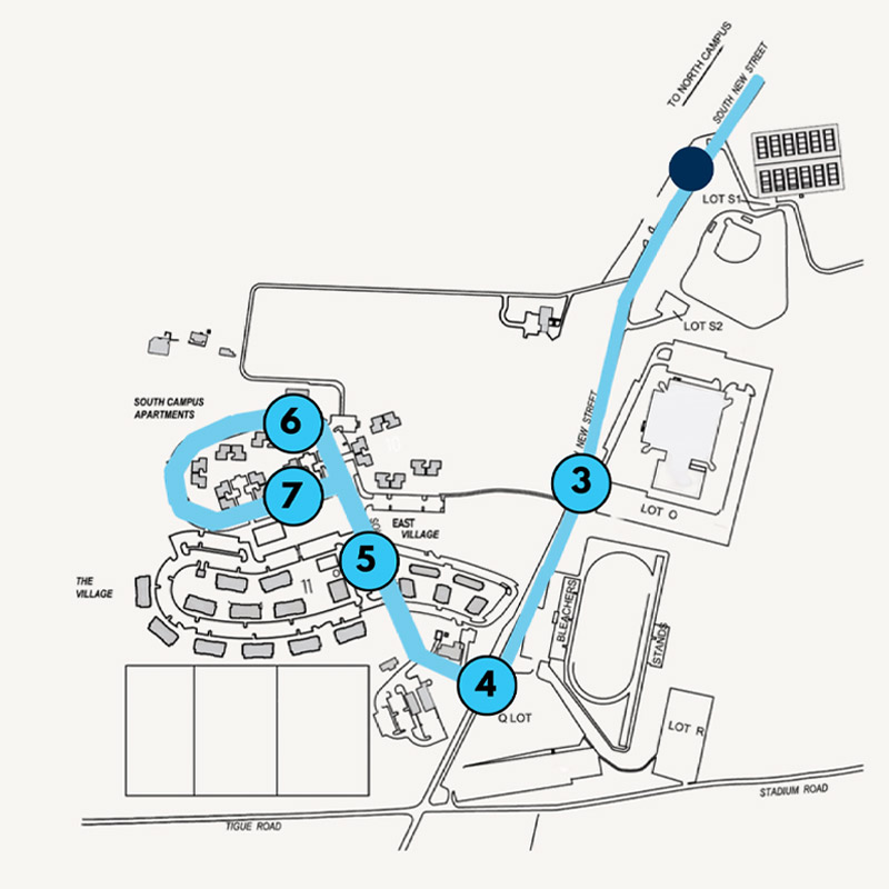 map of the South Campus stops on the Summer Route