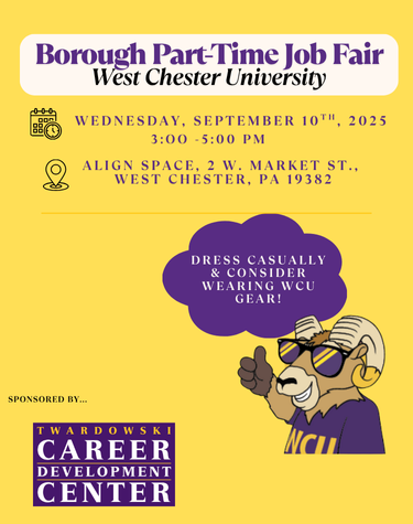          Borough Part-Time Job Fair West Chester University         WEDNESDAY, SEPTEMBER 10TH, 2025 3:00-5:00 PM         ALIGN SPACE, 2 W. MARKET ST., WEST CHESTER, PA 19382         SPONSORED BY...         TWARDOWSKI         CAREER         DEVELOPMENT         CENTER         DRESS CASUALLY & CONSIDER WEARING WCU GEAR!