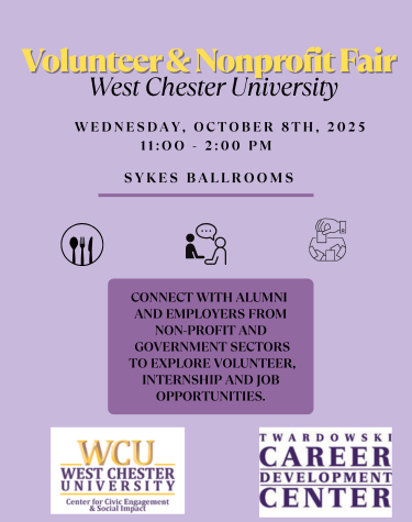          Volunteer & Nonprofit Fair West Chester University         WEDNESDAY, OCTOBER 8TH, 2025 11:00 2:00 PM         SYKES BALLROOMS         CONNECT WITH ALUMNI AND EMPLOYERS FROM NON-PROFIT AND         GOVERNMENT SECTORS TO EXPLORE VOLUNTEER, INTERNSHIP AND JOB         OPPORTUNITIES.         WCU         WEST CHESTER UNIVERSITY         Center for Community Engagement & Social Impact         TWARDOWSKI         CAREER         DEVELOPMENT         CENTER