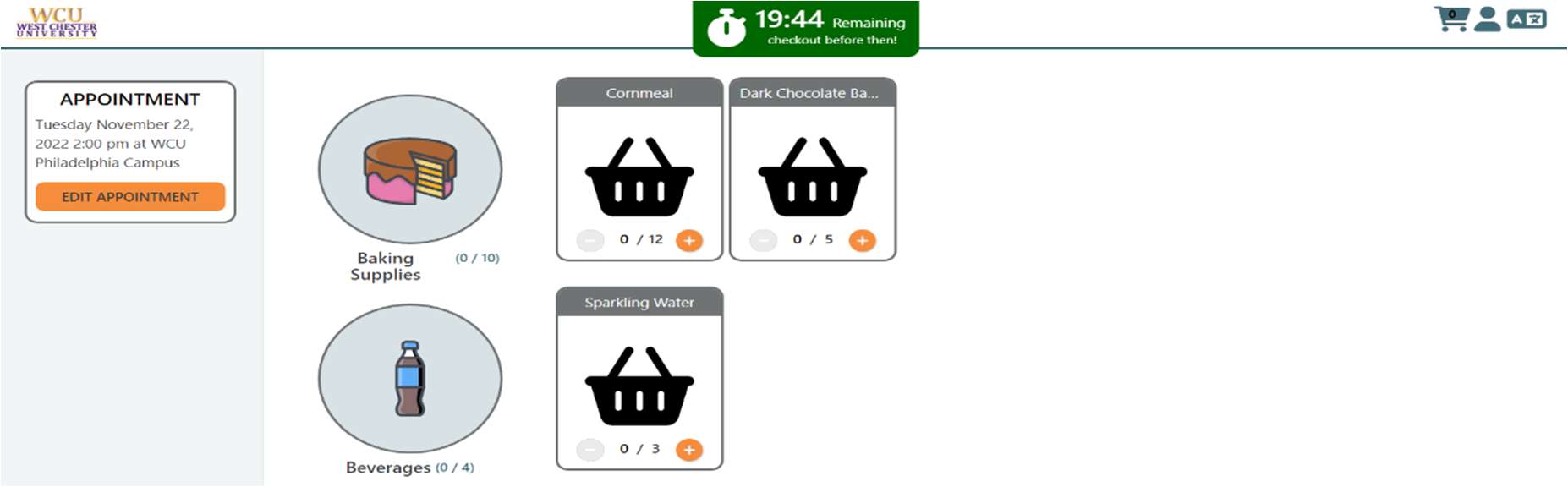 Screenshot of a webpage showing a checkout window. Text is: Appointment Tuesday November 22, 2022 2:00 pm at WCU Philadelphia Campus. Backing Supplies, Cornmeal, Dark Chocolate Ba..., Beverages, Sparkling Water