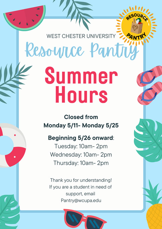 Resource Pantry Summer Hours: Closed from Monday 5/11 to Monday 5/25. Beginning 5/26 onward: TUESDAY: 10AM-2PM WEDNESDAY: 10AM-2PM THURSDAY: 10AM-2PM