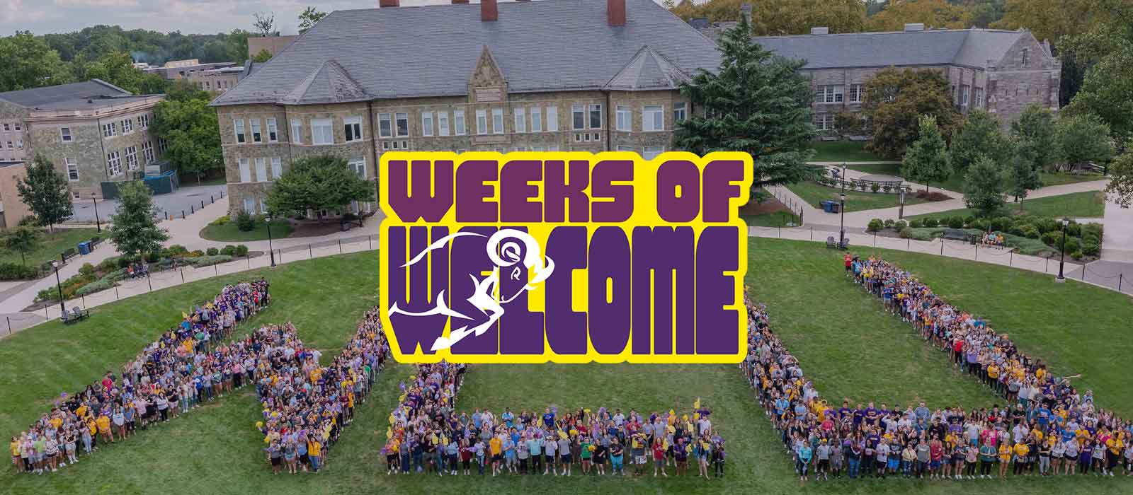 Overhead view, students arranged showing WCU. Text on top of image that says Weeks of Welcome
