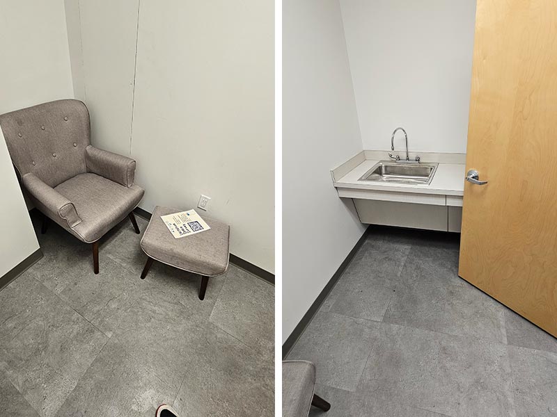 On the left hand side, phot of a large gray armchair and ottoman. On the right, a photo of the door to the space opened next to a sink and counter. 