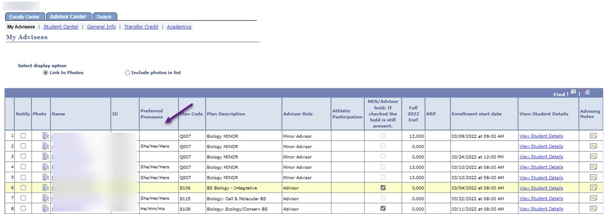 Viewing Student Pronouns in Faculty Center 5