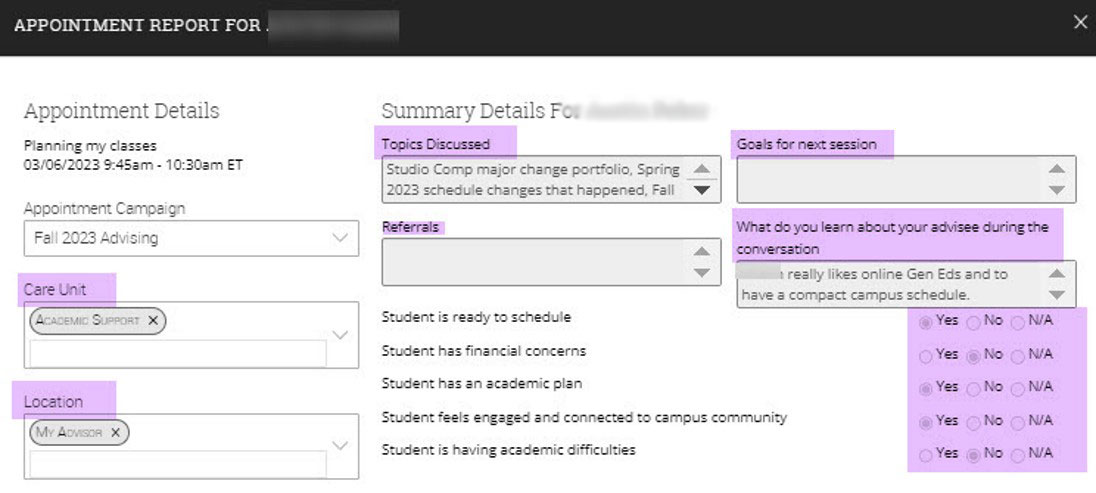 Screen grab shows summary information for appointments (see previous image) with the ability to edit those fields