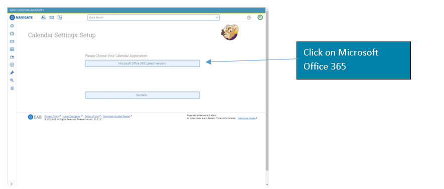 Syncing your WCU Outlook Calendar with Navigate 3 - Click on Microsoft Office 365