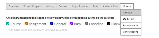 Menu item 'more' selected, showing 'Calendar, Study Hall, Appointments, and Conversations