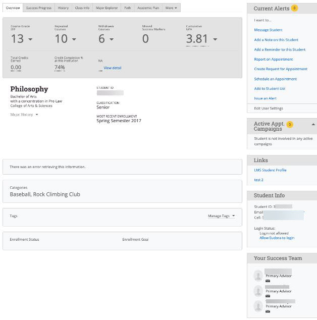 Under the Current Alerts heading, on the right side of the profile information, faculty and staff can access features to perform various actions. Depending on permissions, this can include actions such as scheduling an appointment for the student, adding documentation to the student’s profile, adding the student to a student list, or issuing an alert on the student.