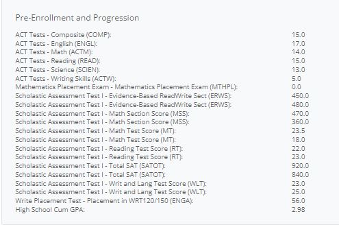 Additional information includes a Pre-Enrollment and Progression section that lets you view results from ACT tests, placement exams, Scholastic Assessment Test (SAT), and high school Cum GPA.