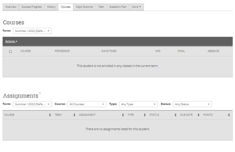 Under the Courses tab, courses can be viewed by individual term, or all courses can be viewed. The course information will show the course id and title, the name of the faculty instructor, the class schedule, and final grades.