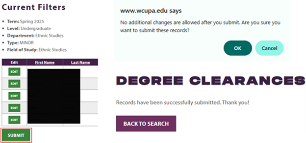Fig 6 - Degree Clearances filter submit screenshot