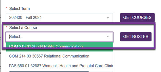 Select a course dropdown screenshot