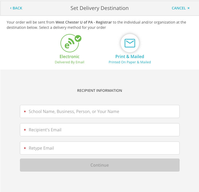 Recipient Information screen