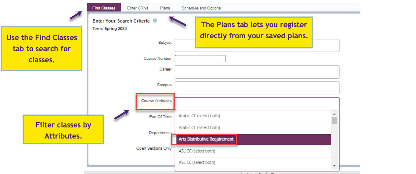Fig. 5: Class Search Screen showing how to filter by Course Attributes.