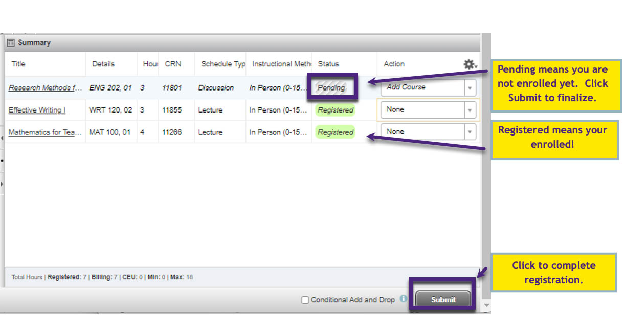 Fig. 6: Summary panel showing a newly added course with the status of Pending.