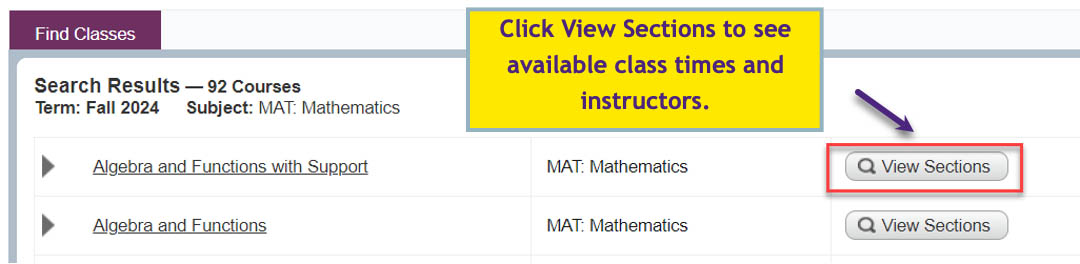 Search Results window with View Sections button.