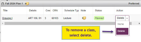Plan panel showing how to delete a class from your plan.