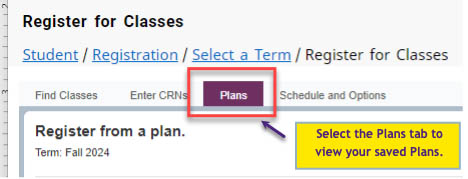 Plans tab in Register for Classes.