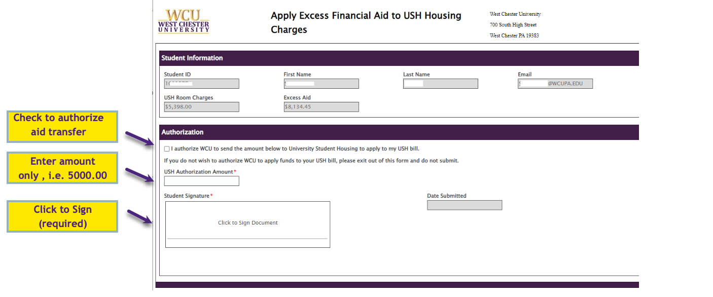 Fig 3: Example of Form showing Authorization check box, Amount, and Student Signature box.