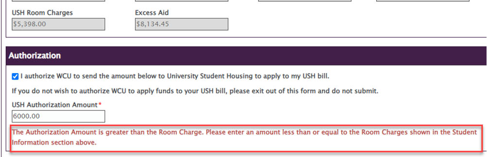 Fig 5: Example Error message when the authorization amount exceeds the room charge.