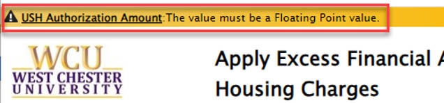 Fig 6: Error message triggered by using a dollar sign in the Authorization Amount field.