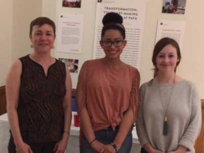 Poetry by the Sea director Kim Bridgford with Maddy  Richardson (center), winner of Pennsylvania Poetry Out  Loud 2017, and Elizabeth Hamilton, director of special  programs at the Pennsylvania Academy of the Fine Arts  (PAFA)