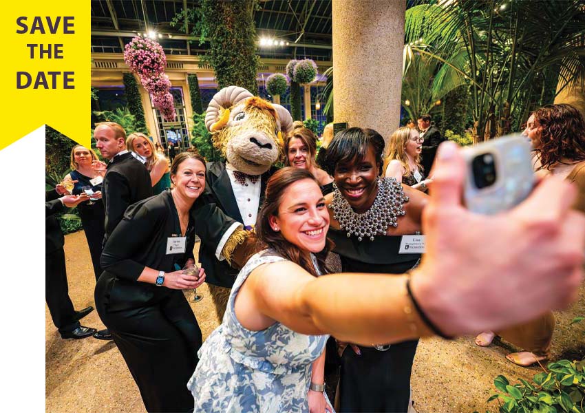 image of guests from a previous gala taking a happy selfie, plus the words SAVE THE DATE in the top left corner