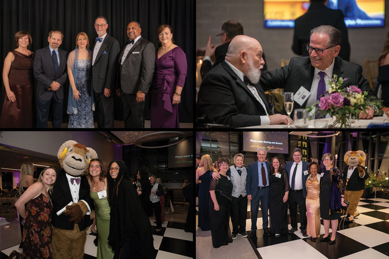 Gala event attendees posing with Rammy in a suit