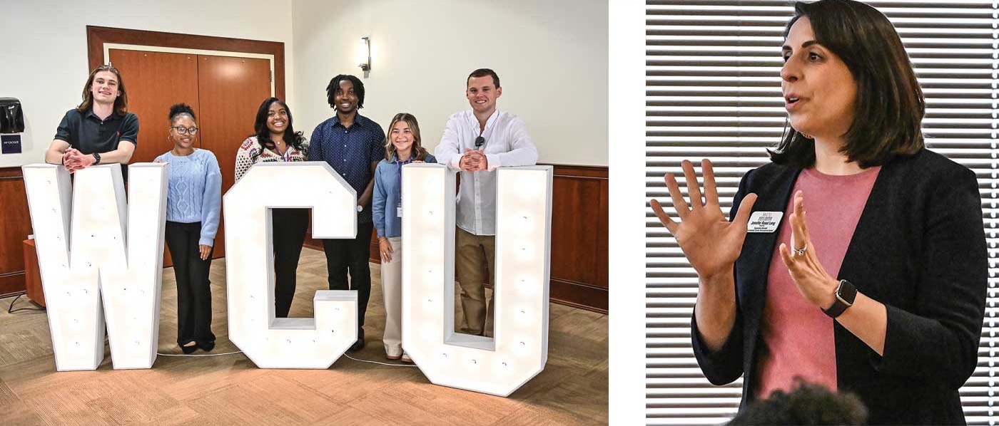 Left: Students who spoke at the center’s spring employer appreciation breakfast: (L-R) Kevin Robertson ’25, Aaliyah Wood ’25, Kyanna Randolph ’25, Eric Budu, Kristen Miller ’25, Chase Zemitis. Right: Jennifer Rossi Long ’05