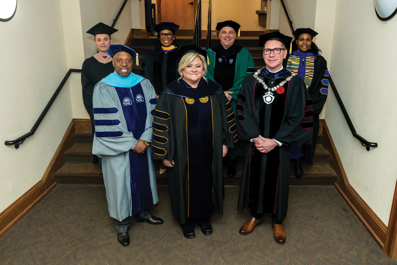Dr. Bernotsky and WCU vice presidents (L-R front row): Dr. Zeb Davenport, Dr. Bernotsky, Dr. Jeff Osgood, (L-R back row) Todd Murphy, Dr. Jazz Buxton, Andy Lehman, Dr. Tracey Robinson.