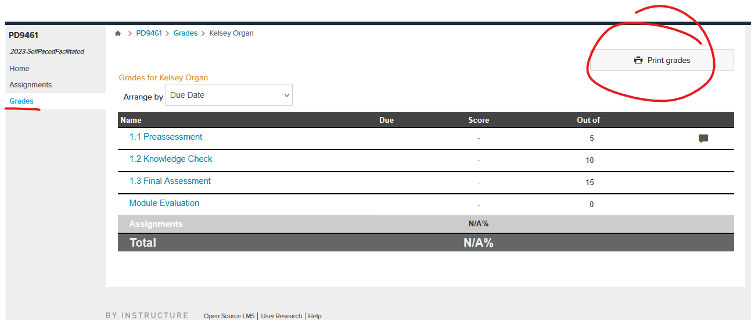 Print grades top right corner
