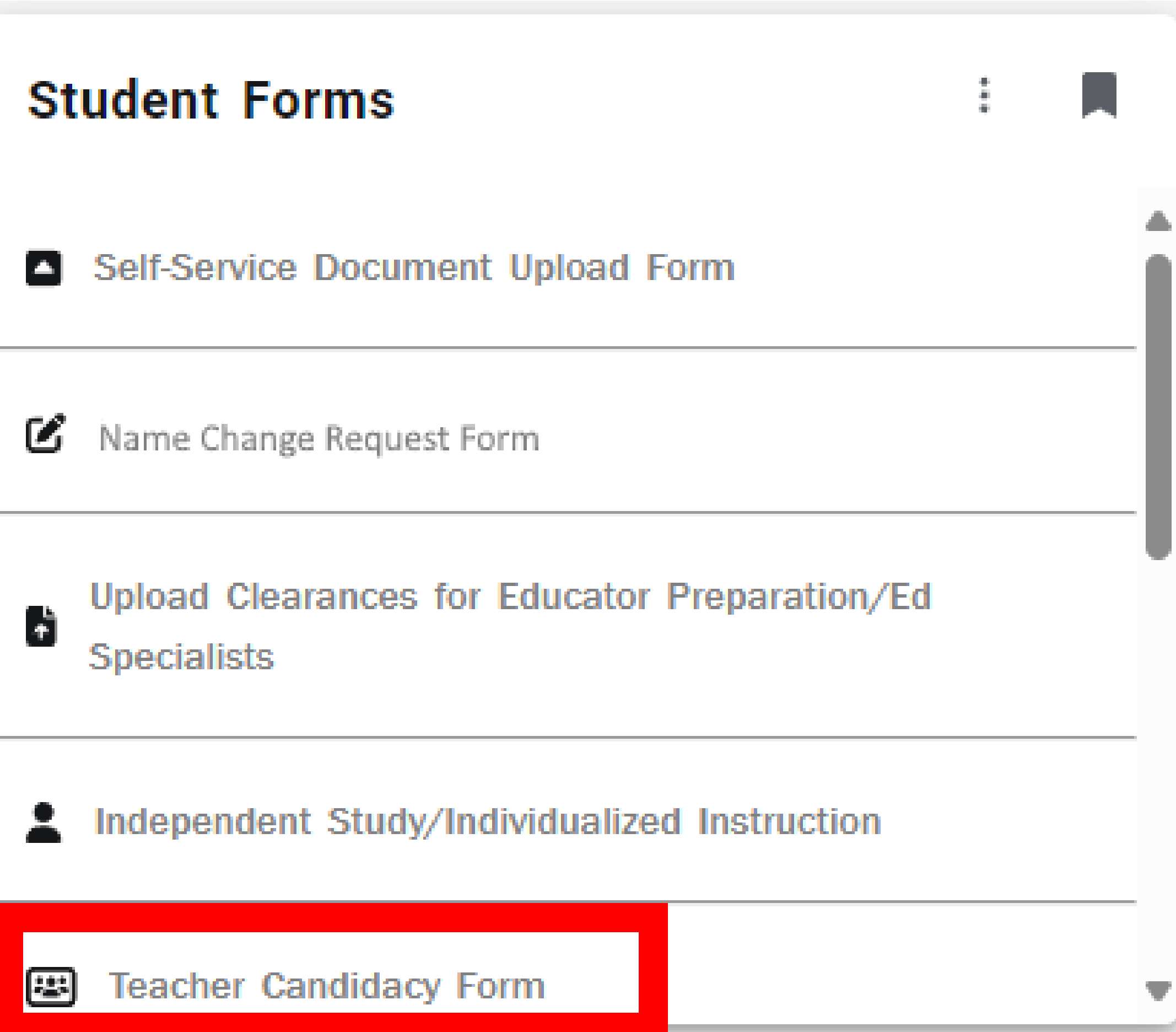 Screenshot of Student Forms for TC App