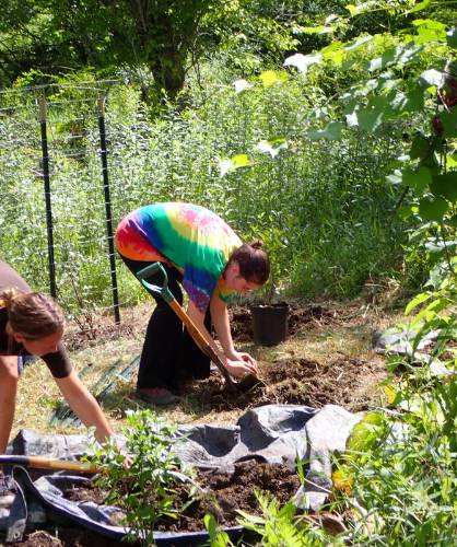 Student volunteer Mycah Choby and GNA Intern Leah Fenton planting Winterberry Holly