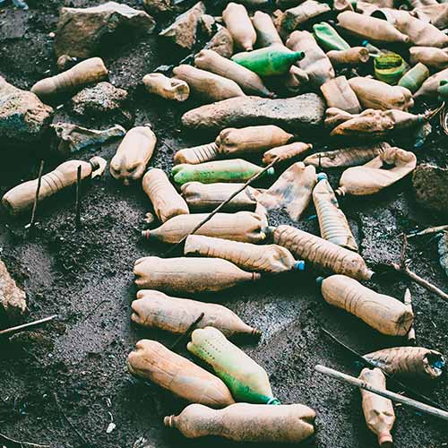 Plastic and glass bottles littered on shore area