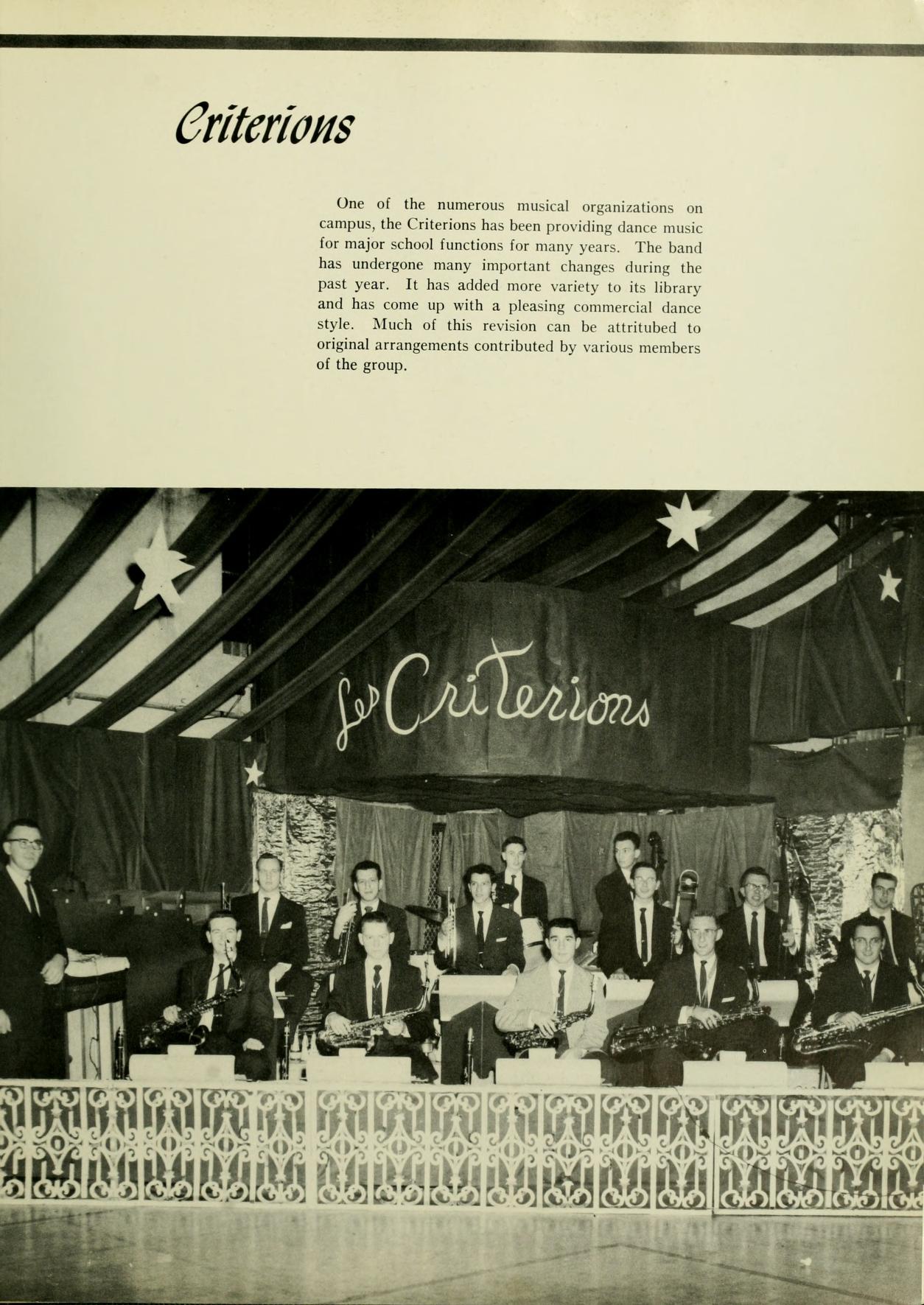   Criterions One of the numerous musical organizations on campus, the Criterions has been providing dance music for major school functions for many years. The band has undergone many important changes during the past year. It has added more variety to its library: and has come up with a pleasing commercial dance style. Much of this revision can be attritubed to original arrangements contributed by various members of the group. Jo Criterions