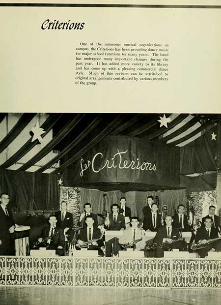   Criterions One of the numerous musical organizations on campus, the Criterions has been providing dance music for major school functions for many years. The band has undergone many important changes during the past year. It has added more variety to its library: and has come up with a pleasing commercial dance style. Much of this revision can be attritubed to original arrangements contributed by various members of the group. Jo Criterions