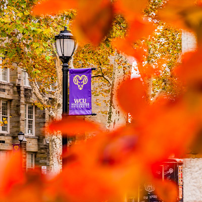 Fall Campus Shot of WCU sign with orange leaves around it