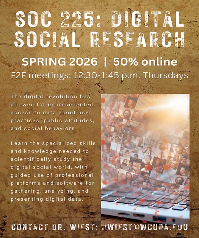             SOC 225: DIGITAL SOCIAL RESEARCH            SPRING 2026 | 50% online F2F meetings: 12:30-1:45 p.m. Thursdays            The digital revolution has allowed for unprecedented access to data about user practices, public attitudes, and social behaviors.            Learn the specialized skills and knowledge needed to scientifically study the digital social world, with guided use of professional platforms and software for gathering, analyzing, and presenting digital data.            CONTACT DR. WIEST: JWIEST@WCUPA.EDU