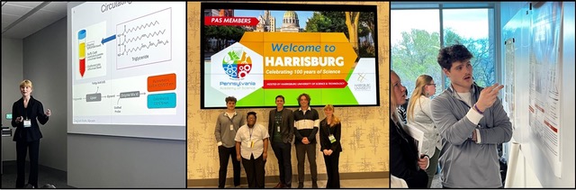 collage: woman presenting in front of a white board; people standing in front of a sign welcome to Harrisburg; person standing in front of a white board