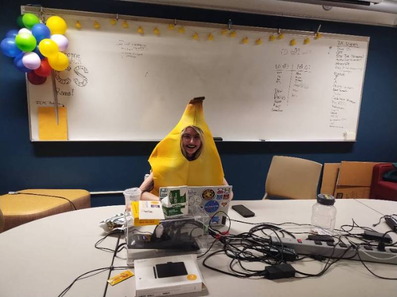 Student in banana costume in CS lounge