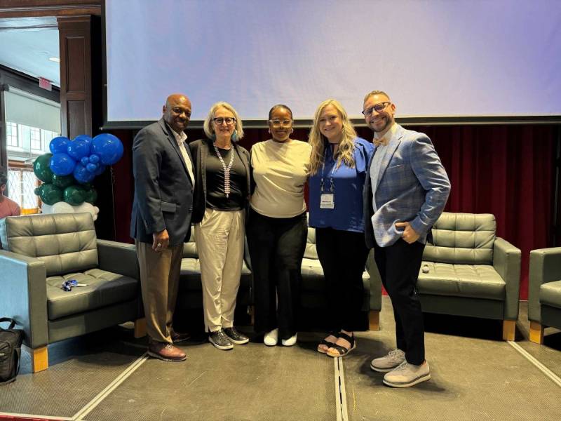 Five panelist, Right to Left: Dr. Davenport, Dr. Lundquist, Alex Kennedy, Amber Danku, and Dr. Henau